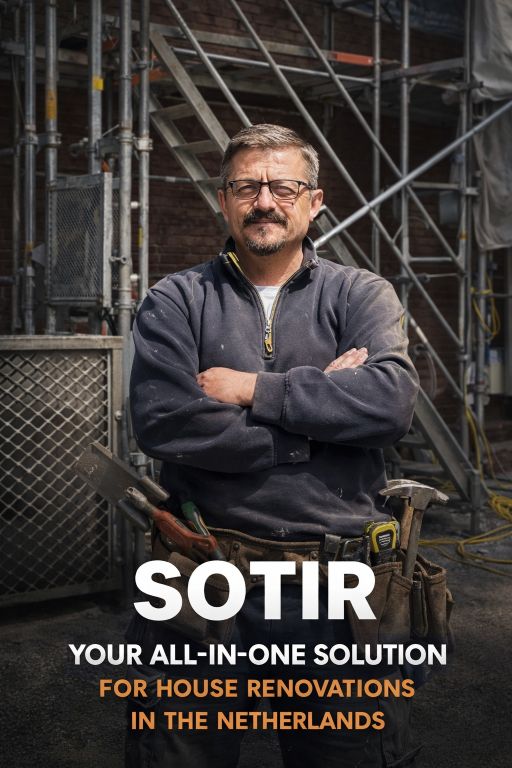 Sotir, ervaren aannemer voor complete renovaties in Nederland, staand voor een bouwsteiger op een renovatieproject.